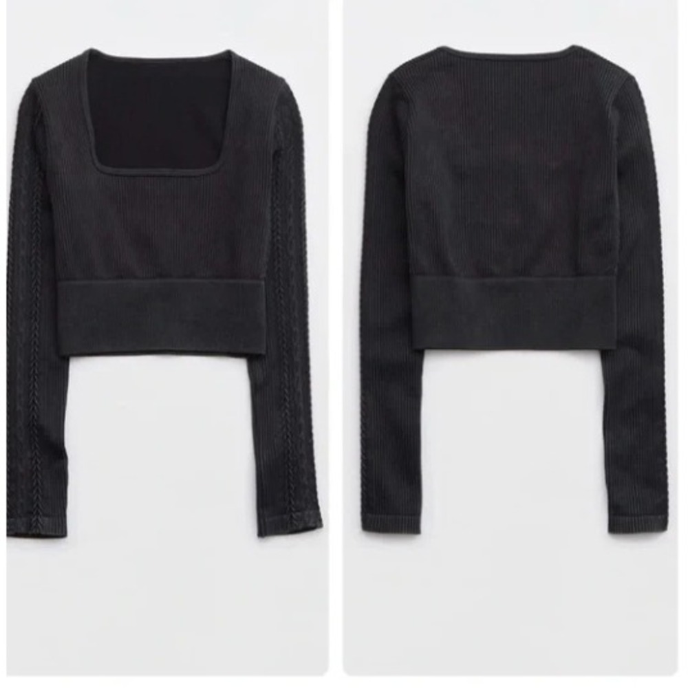 OFFLINE by Aerie Seamless Ribbed Cable Sleeve Crop Top Black 1236 L